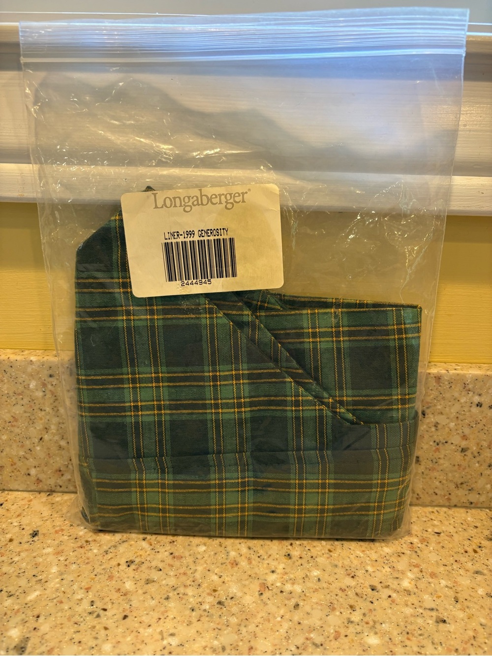 Longaberger 1999 Large Generosity Basket Liner, New in Package, Green & Gold